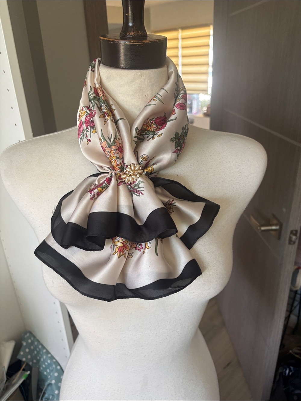 Floral Satin Scarf with Black Border - Elegant Neck Wrap